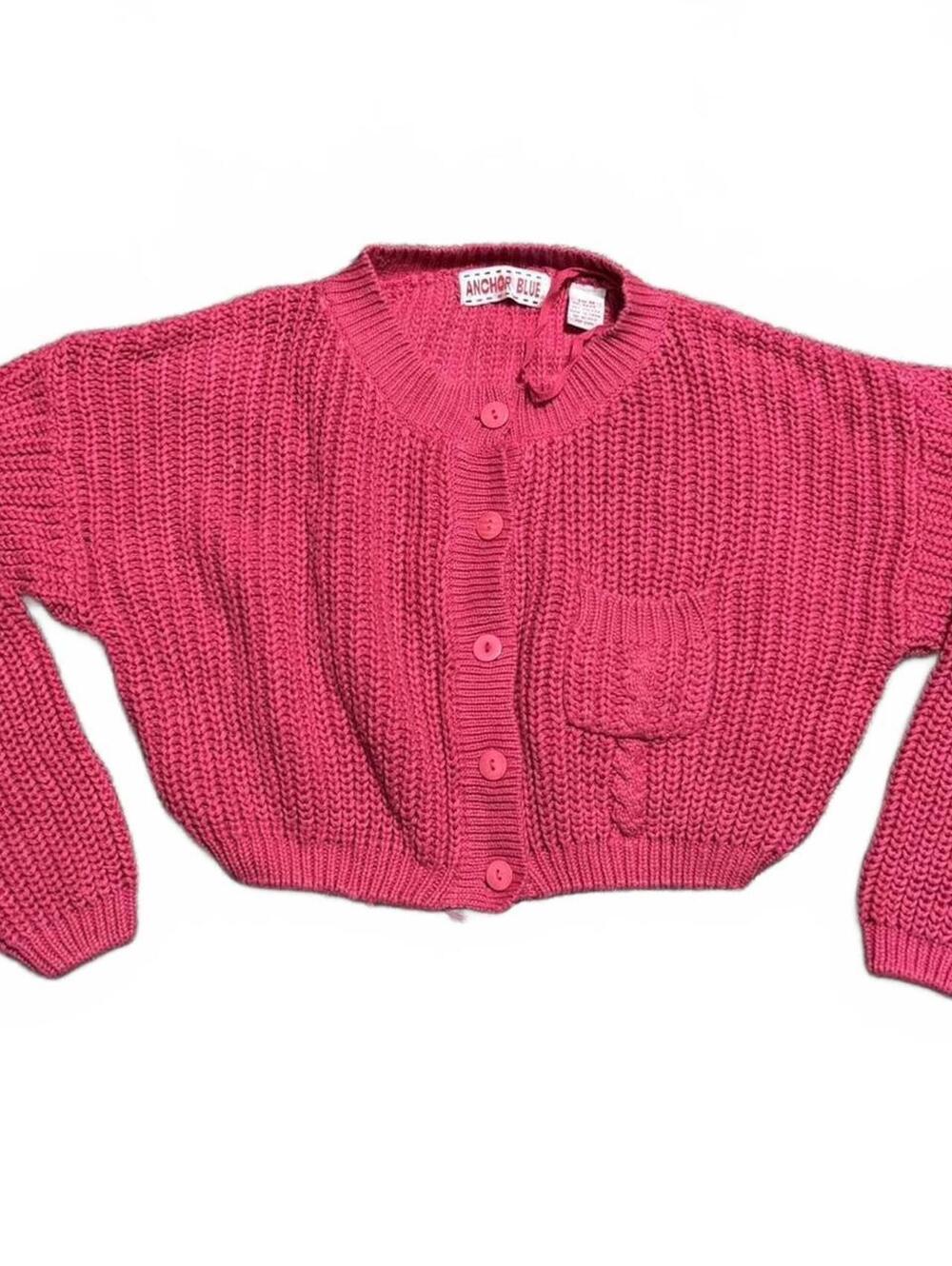 Y2K Anchor Blue Chunky Knit Pink Cropped Cardigan Size M